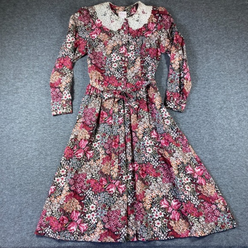Vintage Petite Lanz‎ Button Front Dress Womens 8 Floral Lace Collar w/belt